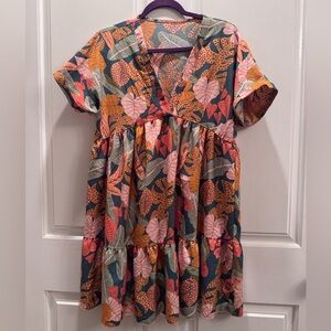 SHEIN Green Multicolor Tropical Leaf V-Neck Tiered Mini Dress